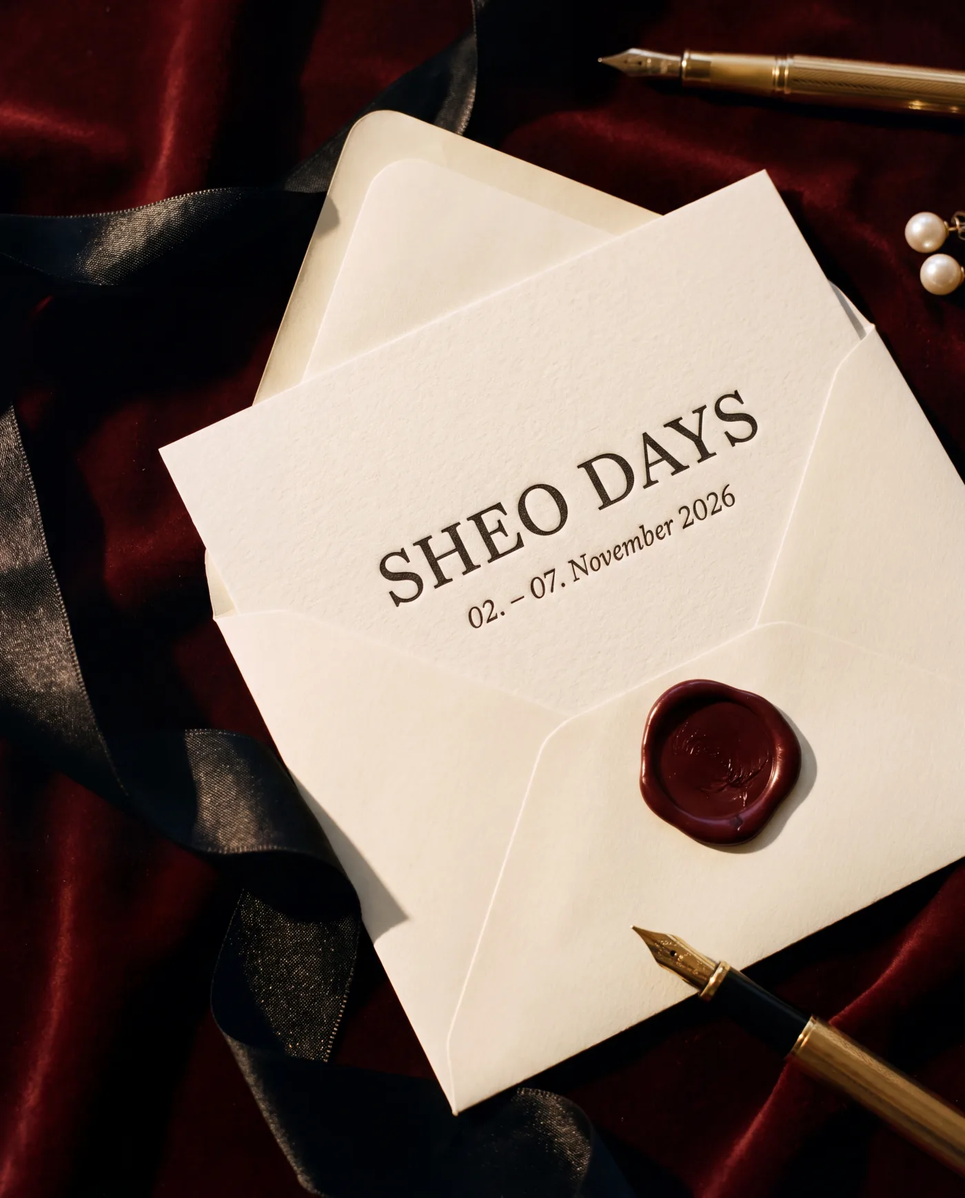 Einladungskarte SHEO DAYS, 02. bis 07. November 2026, mit Wachssiegel auf Samt