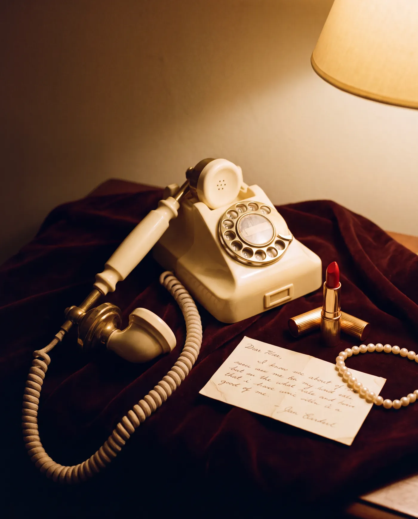 Vintage-Telefon mit abgehobenem Hörer, Lippenstift, Perlenkette und Notizkarte auf Samt
